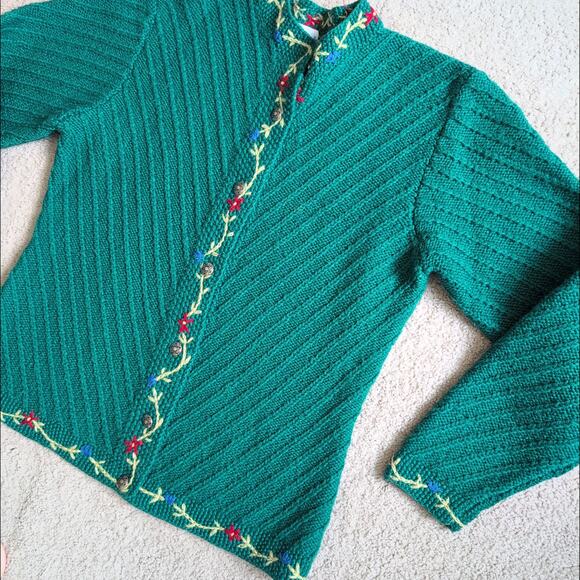 Vintage Deans of Scotland Wool Sweater Medium Green Floral Cardigan Cottagecore - Picture 5 of 6